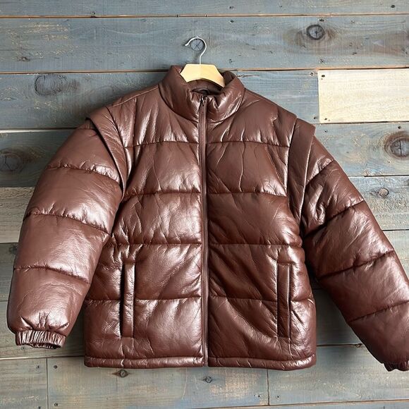 WeWoreWhat Faux Leather Detachable Sleeve Puffer Vest Jacket S Brown